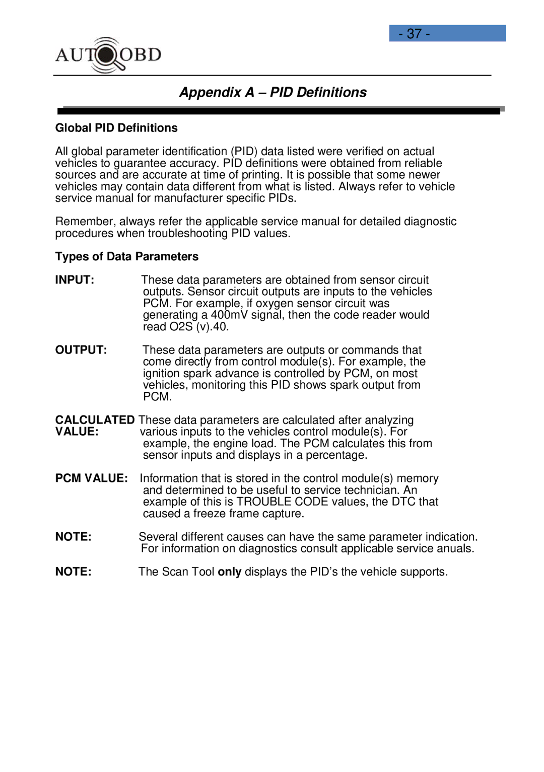 Daewoo AD100 user manual Appendix a PID Definitions, Global PID Definitions Types of Data Parameters 