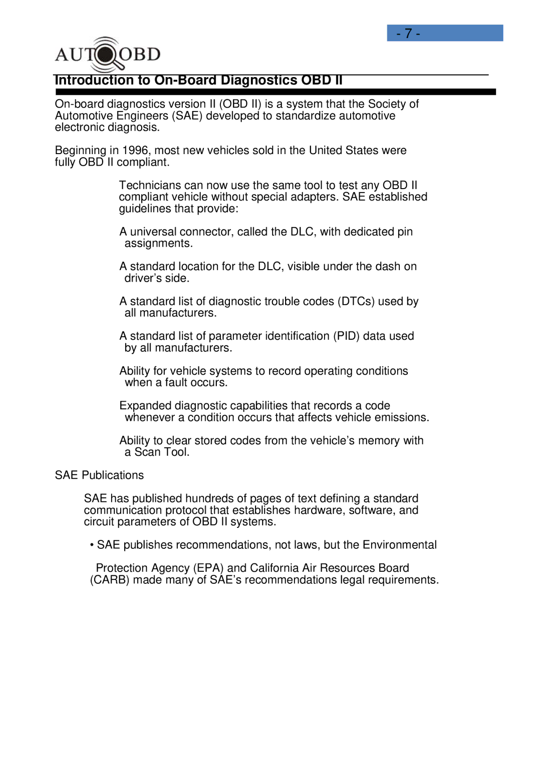 Daewoo AD100 user manual Introduction to On-Board Diagnostics OBD 