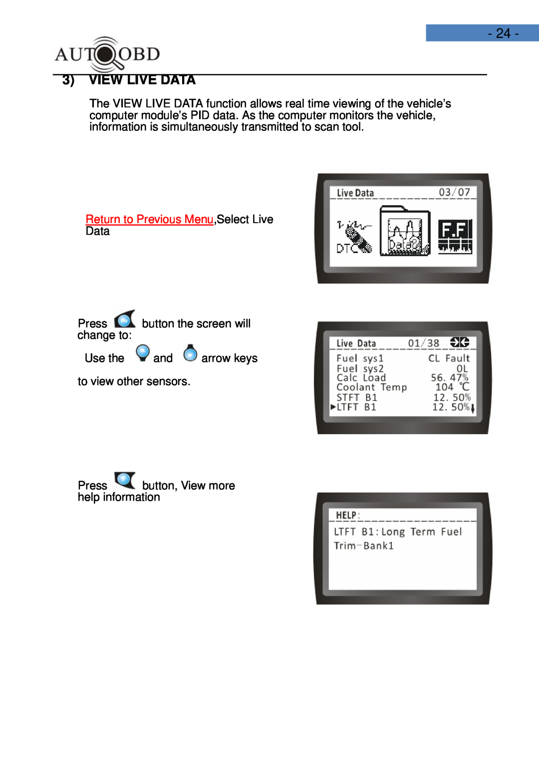 Daewoo AD100 user manual View Live Data, Return to Previous Menu,Select Live 