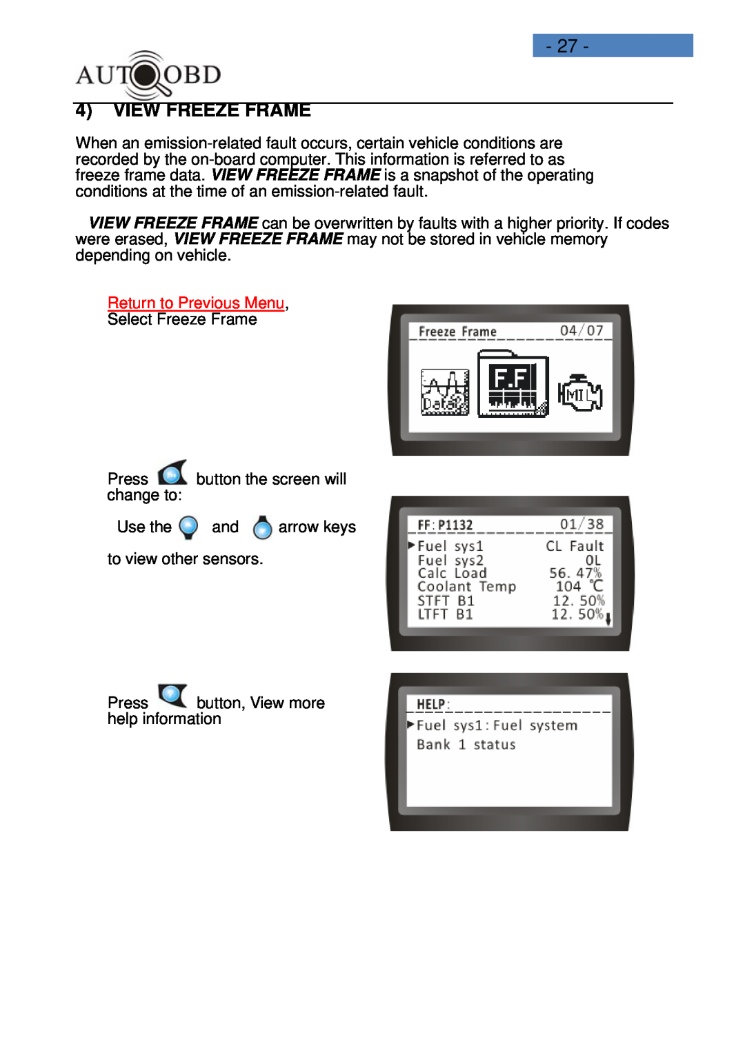 Daewoo AD100 user manual View Freeze Frame, Return to Previous Menu 
