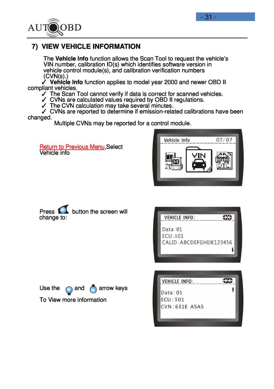 Daewoo AD100 user manual View Vehicle Information, Return to Previous Menu,Select 