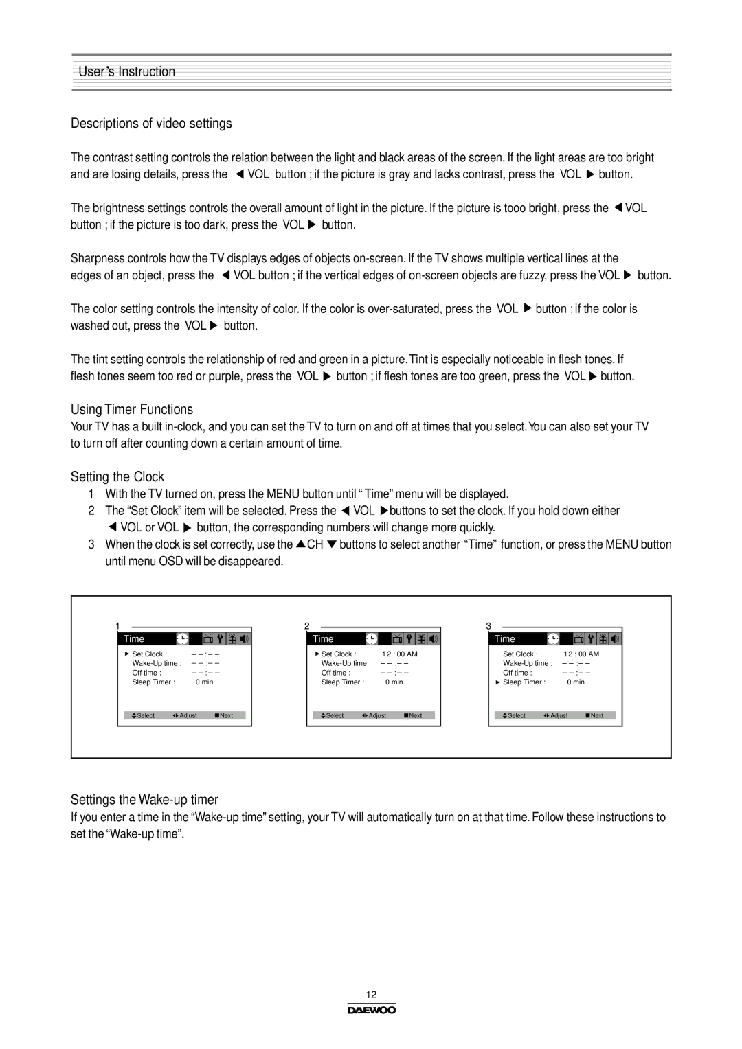 Daewoo DTH-14/20V4FSN manual User’s Instruction Descriptions of video settings, Using Timer Functions, Setting the Clock 