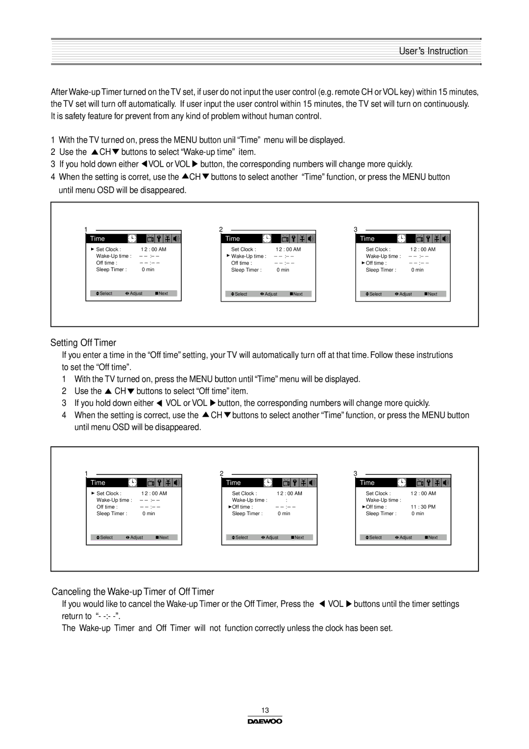 Daewoo DTH-14/20V1FSN, Color Television, DTH-14/20V4FSN manual Setting Off Timer, Canceling the Wake-up Timer of Off Timer 