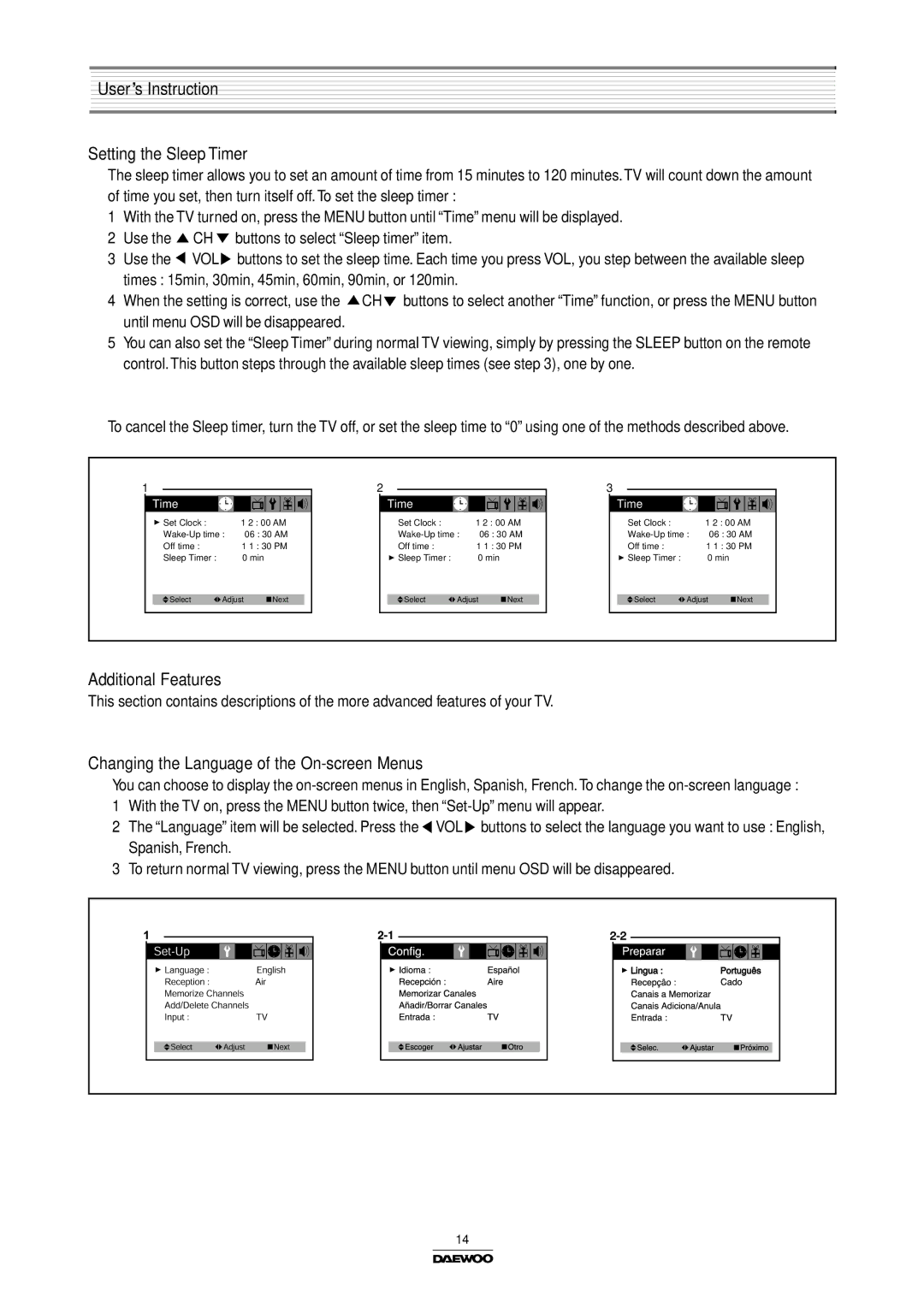 Daewoo DTH-14/20V3FSN, Color Television, DTH-14/20V4FSN User’s Instruction Setting the Sleep Timer, Additional Features 