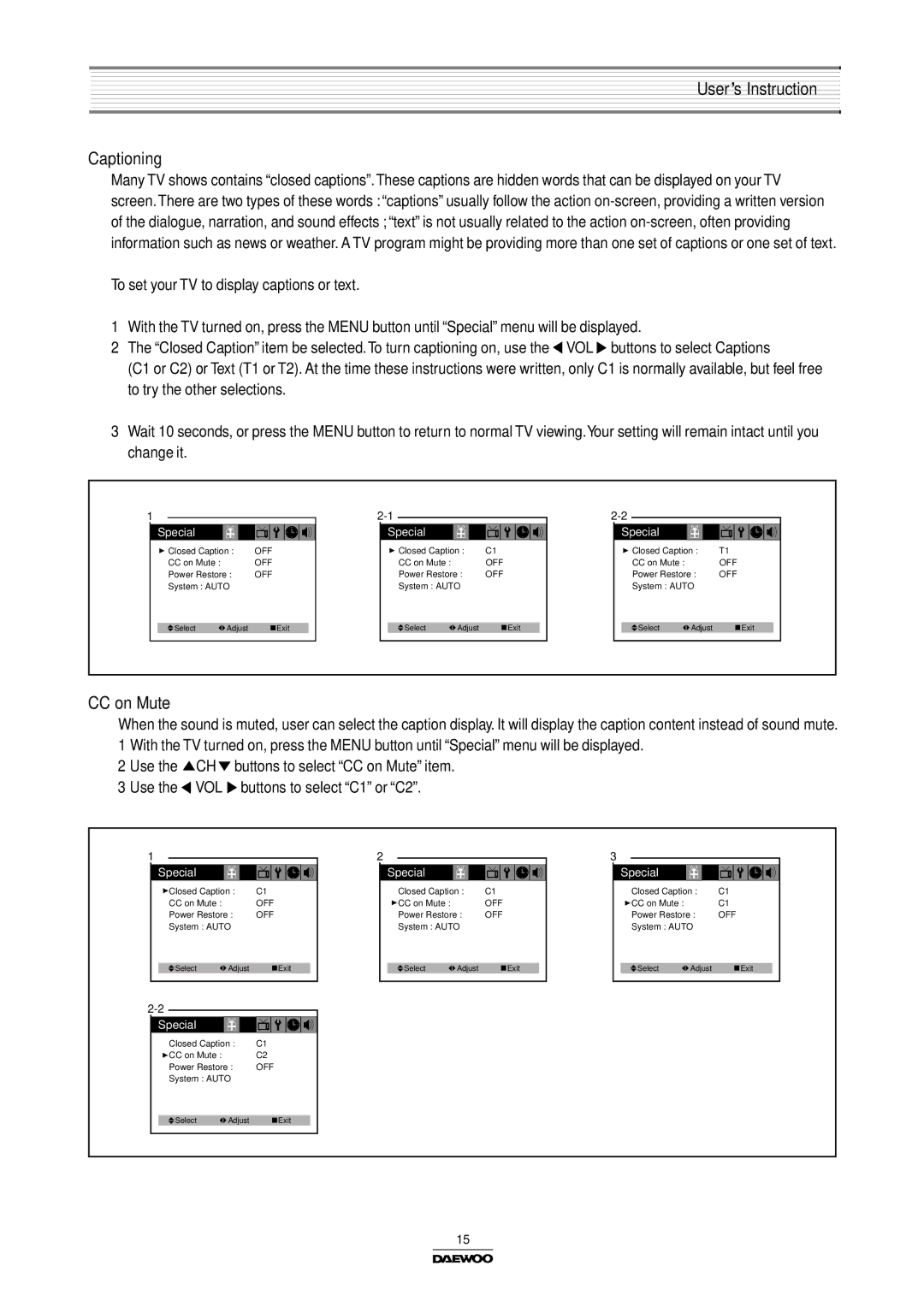 Daewoo Color Television, DTH-14/20V4FSN, DTH-14/20V1FSN, DTH-14/20V3FSN manual User’s Instruction Captioning, CC on Mute 