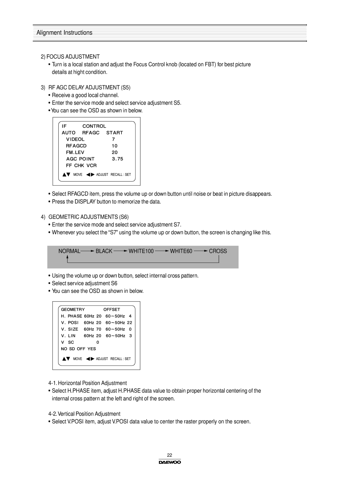 Daewoo DTH-14/20V3FSN manual Alignment Instructions, Focus Adjustment, RF AGC Delay Adjustment S5, Geometric Adjustments S6 