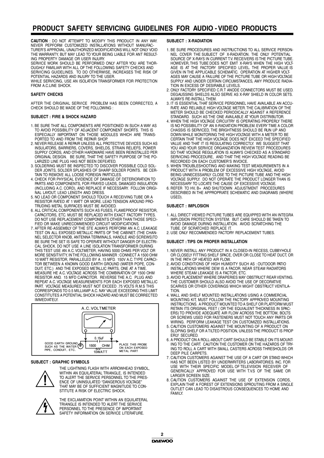 Daewoo DTH-14/20V3FSN, Color Television, DTH-14/20V4FSN manual Product Safety Servicing Guidelines for Audio Video Products 