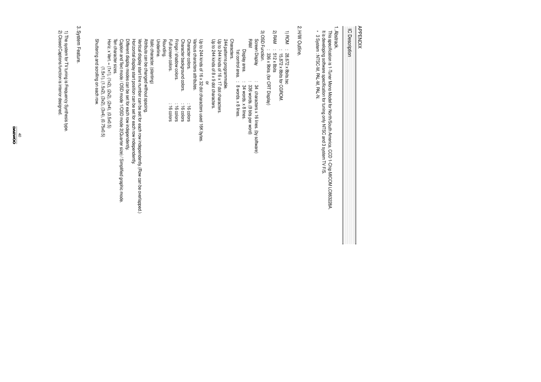 Daewoo DTH-14/20V4FSN, Color Television, DTH-14/20V1FSN, DTH-14/20V3FSN IC Description Abstrack, W Outline, System Feature 