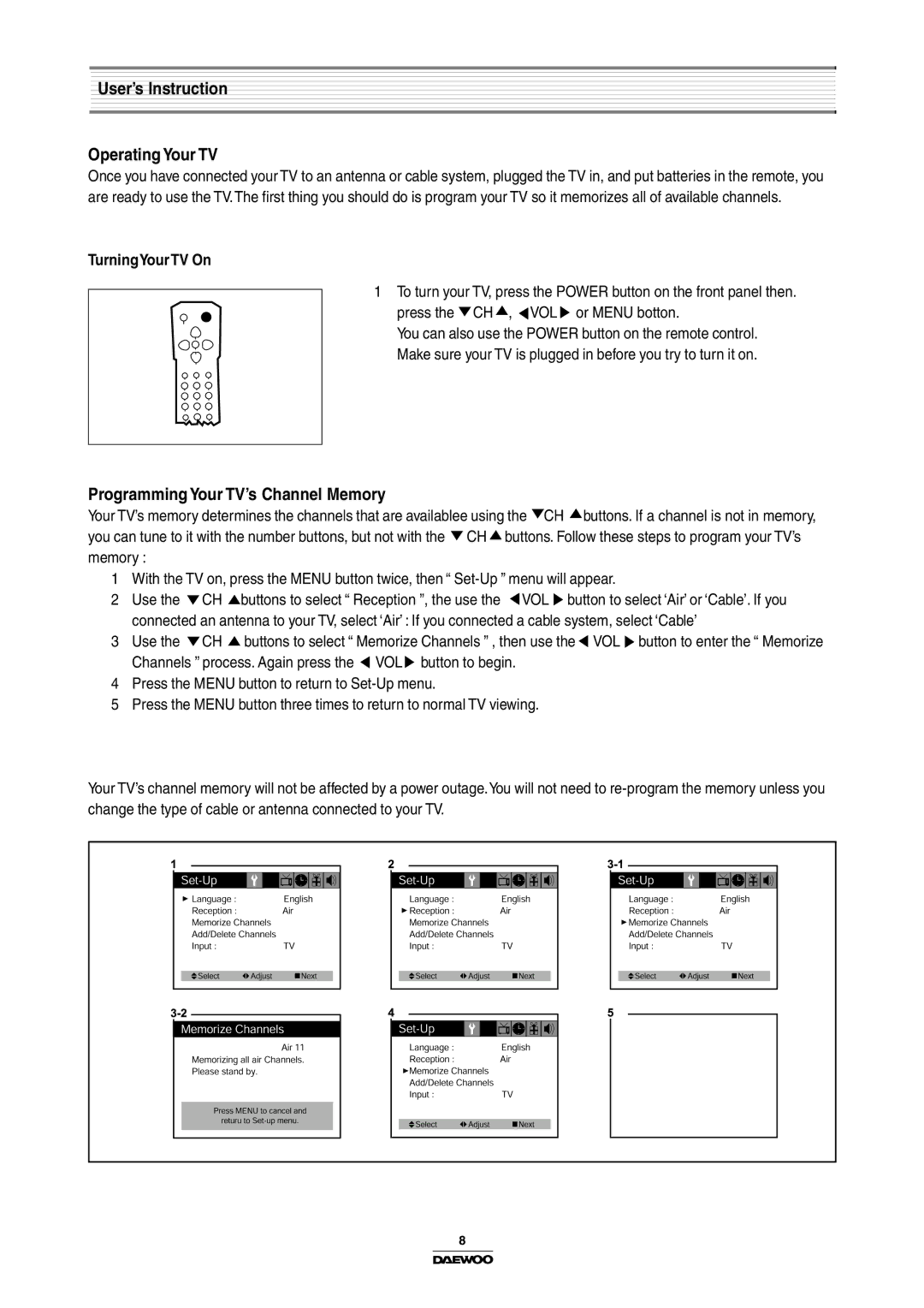 Daewoo DTH-14/20V4FSN, Color Television manual User’s Instruction Operating Your TV, Programming Your TV’s Channel Memory 