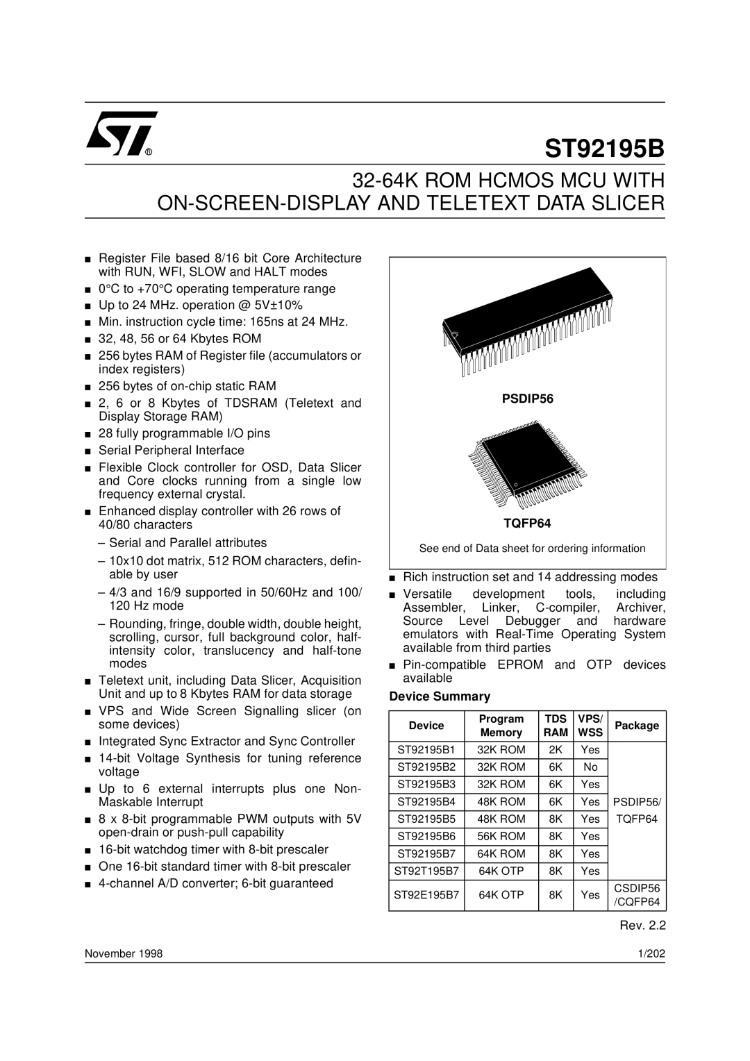 Daewoo CP005P-010G1 specifications ST92195B, Device Summary 