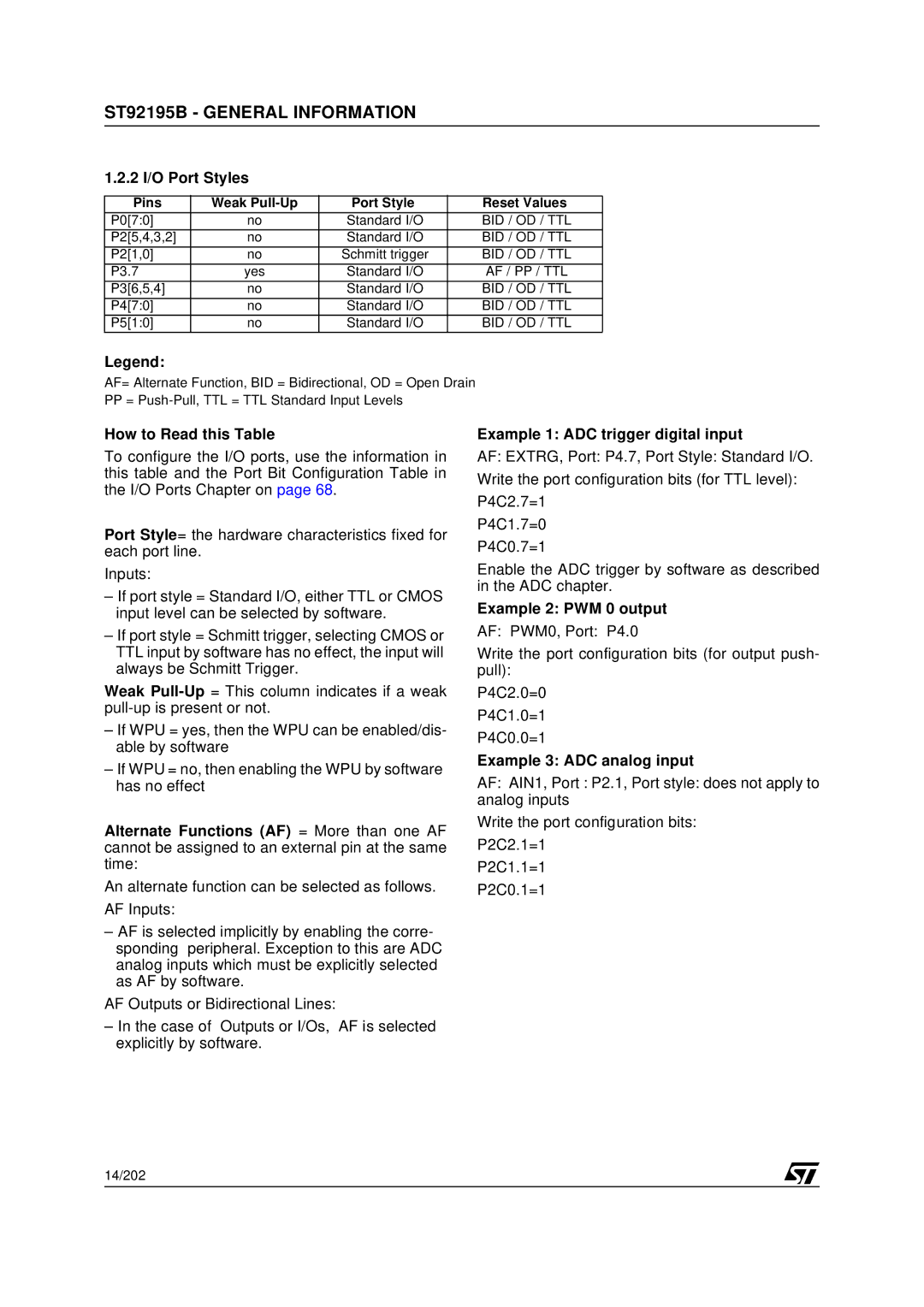 Daewoo CP005P-010G1 2 I/O Port Styles, How to Read this Table, Example 1 ADC trigger digital input, Example 2 PWM 0 output 