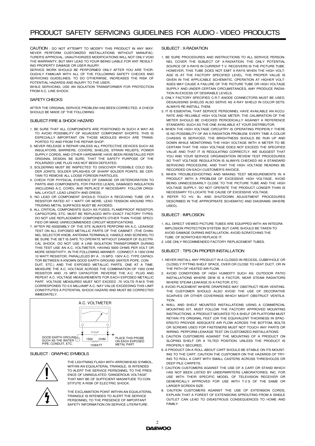 Daewoo CP005P-010G1 specifications Product Safety Servicing Guidelines for Audio Video Products 