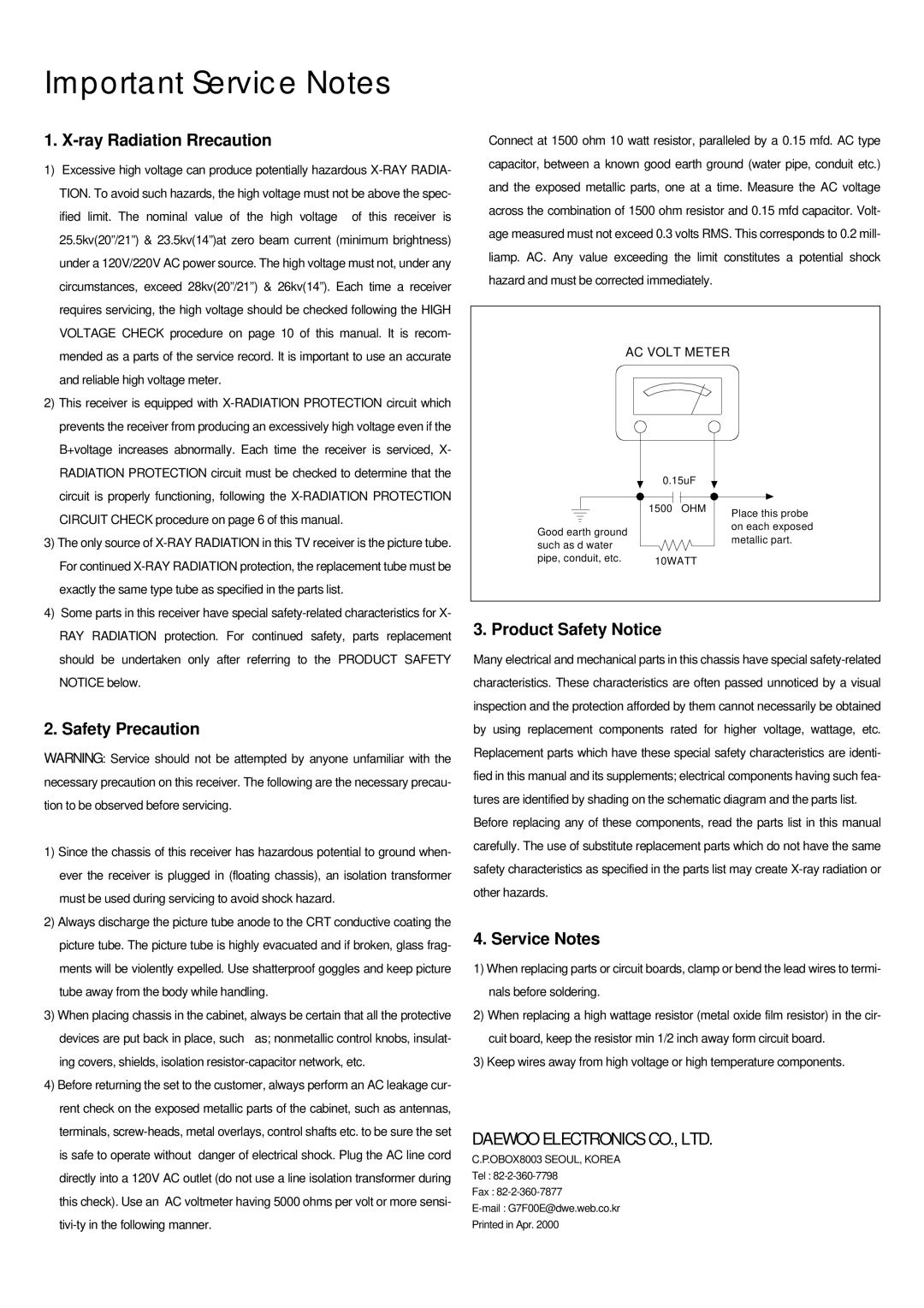 Daewoo CP005P-010G1 specifications Important Service Notes 