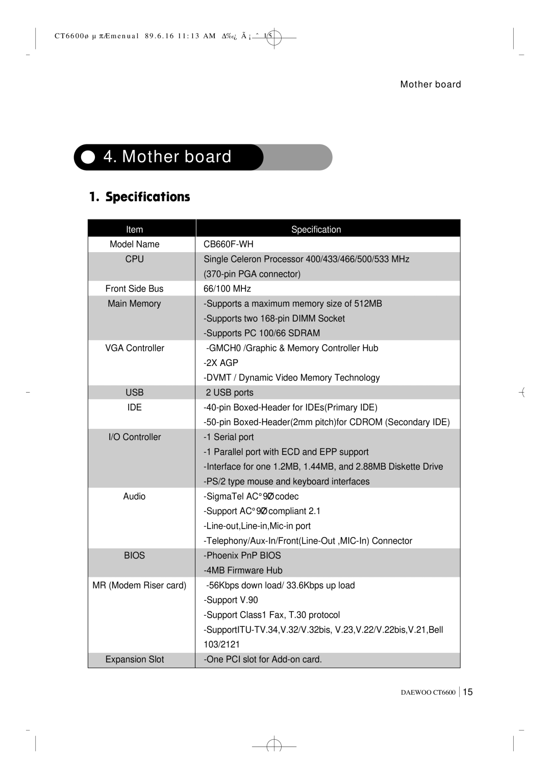 Daewoo CT6600 manual Mother board, Cpu 