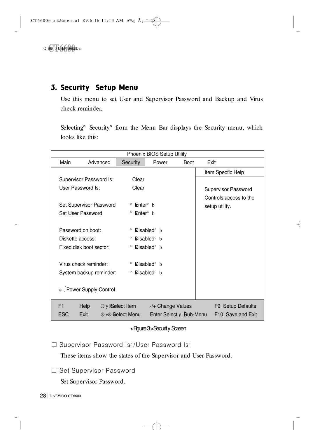 Daewoo CT6600 manual Set Supervisor Password 