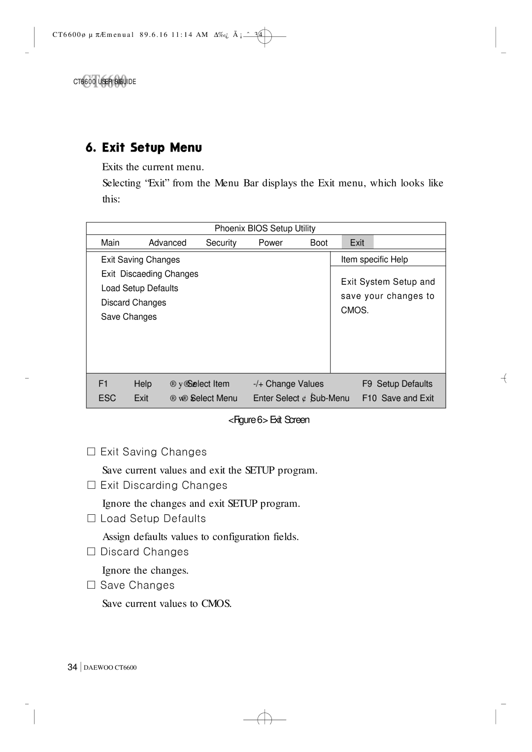 Daewoo CT6600 manual Save current values and exit the Setup program 