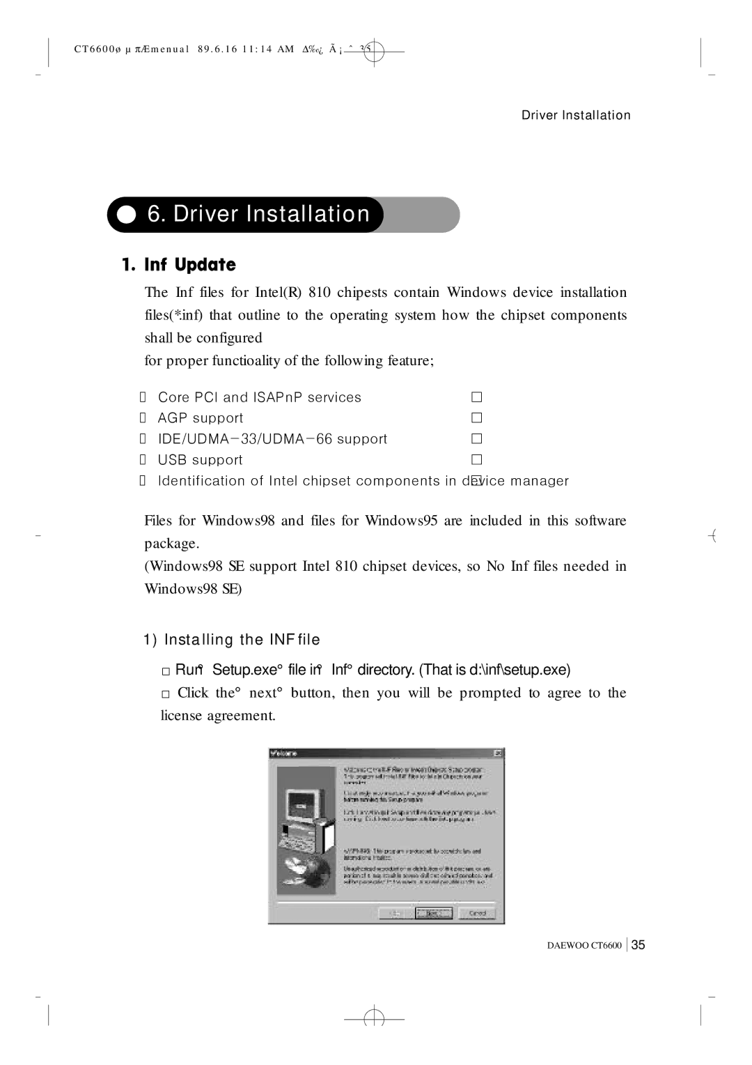 Daewoo CT6600 manual Driver Installation, Installing the INF file 