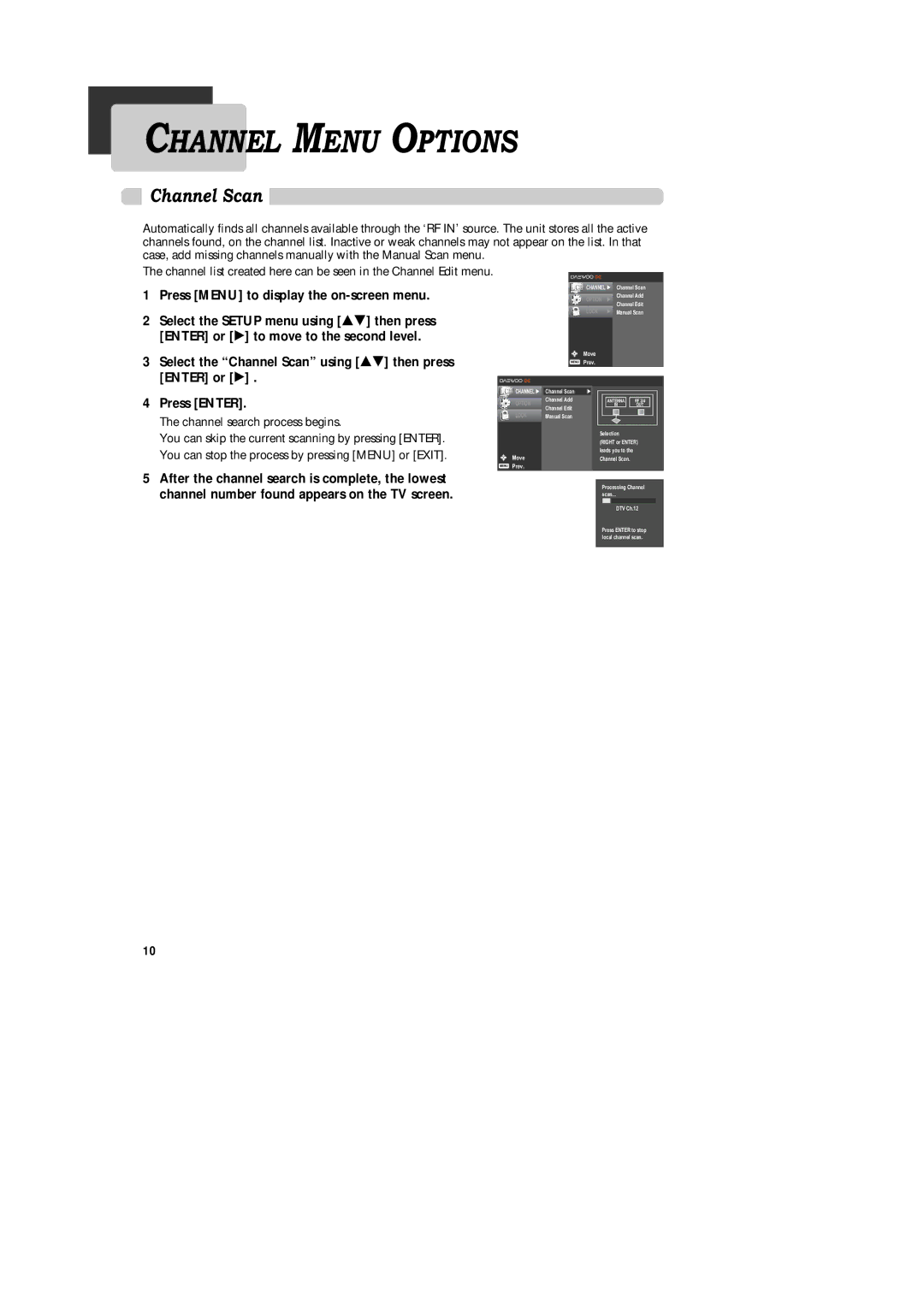 Daewoo DAC-200, DAC-300, DAC-100 owner manual Channel Menu Options, Channel Scan, Press Menu to display the on-screen menu 