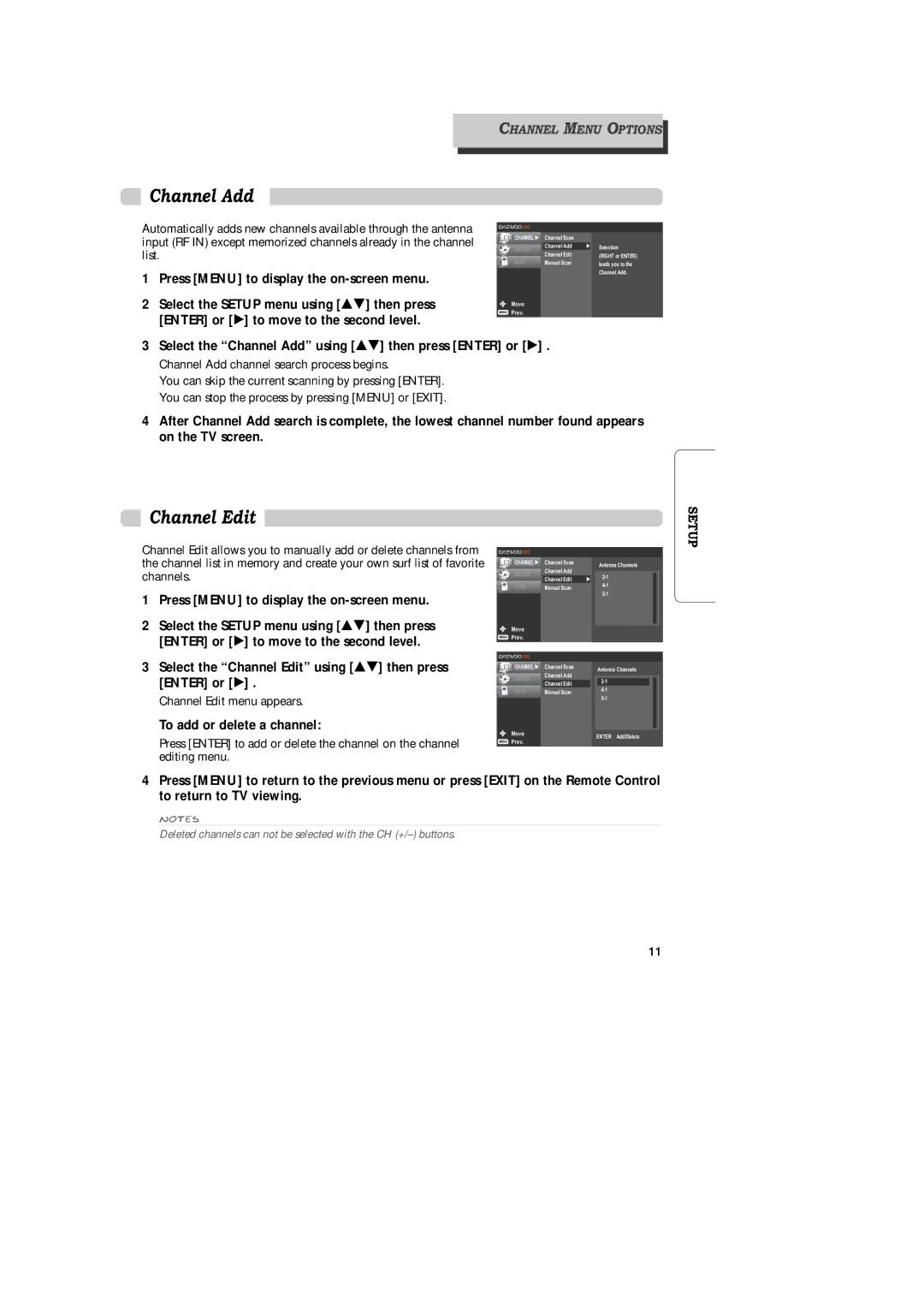 Daewoo DAC-300, DAC-100 Channel Edit, Select the Channel Add using É then press Enter or Ã, To add or delete a channel 