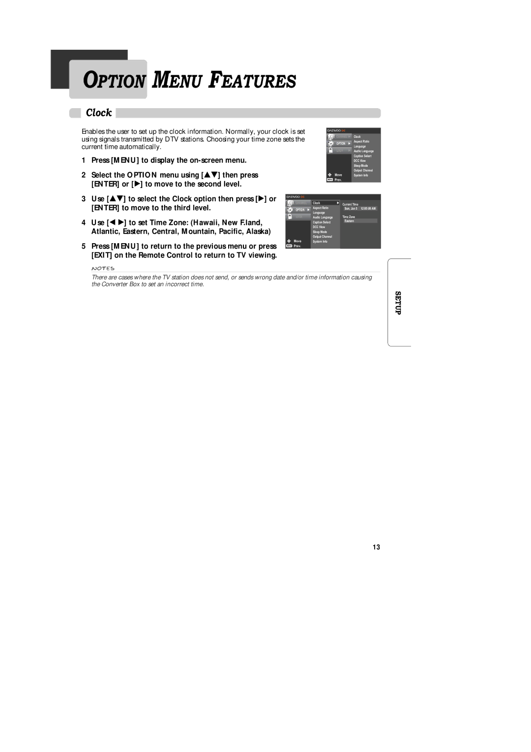 Daewoo DAC-200, DAC-300, DAC-100 owner manual Option Menu Features, Clock, Exit on the Remote Control to return to TV viewing 