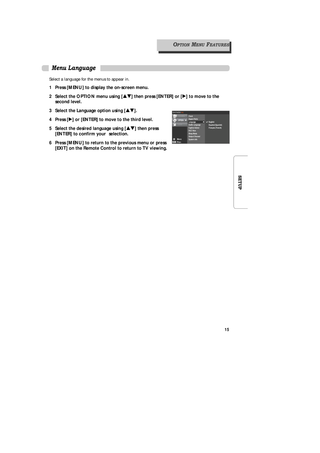 Daewoo DAC-100, DAC-300, DAC-200 owner manual Menu Language 