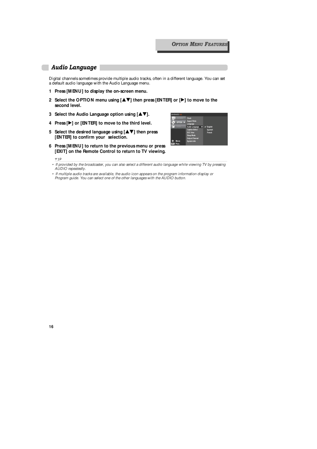 Daewoo DAC-200, DAC-300, DAC-100 owner manual Audio Language 