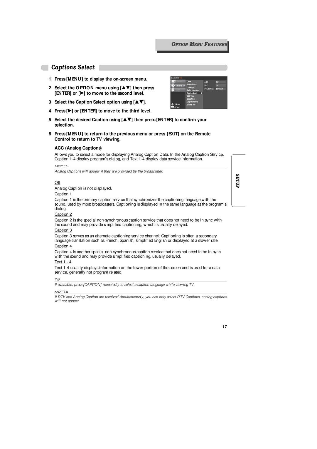 Daewoo DAC-300, DAC-100, DAC-200 owner manual Captions Select, Select the Caption Select option using É 