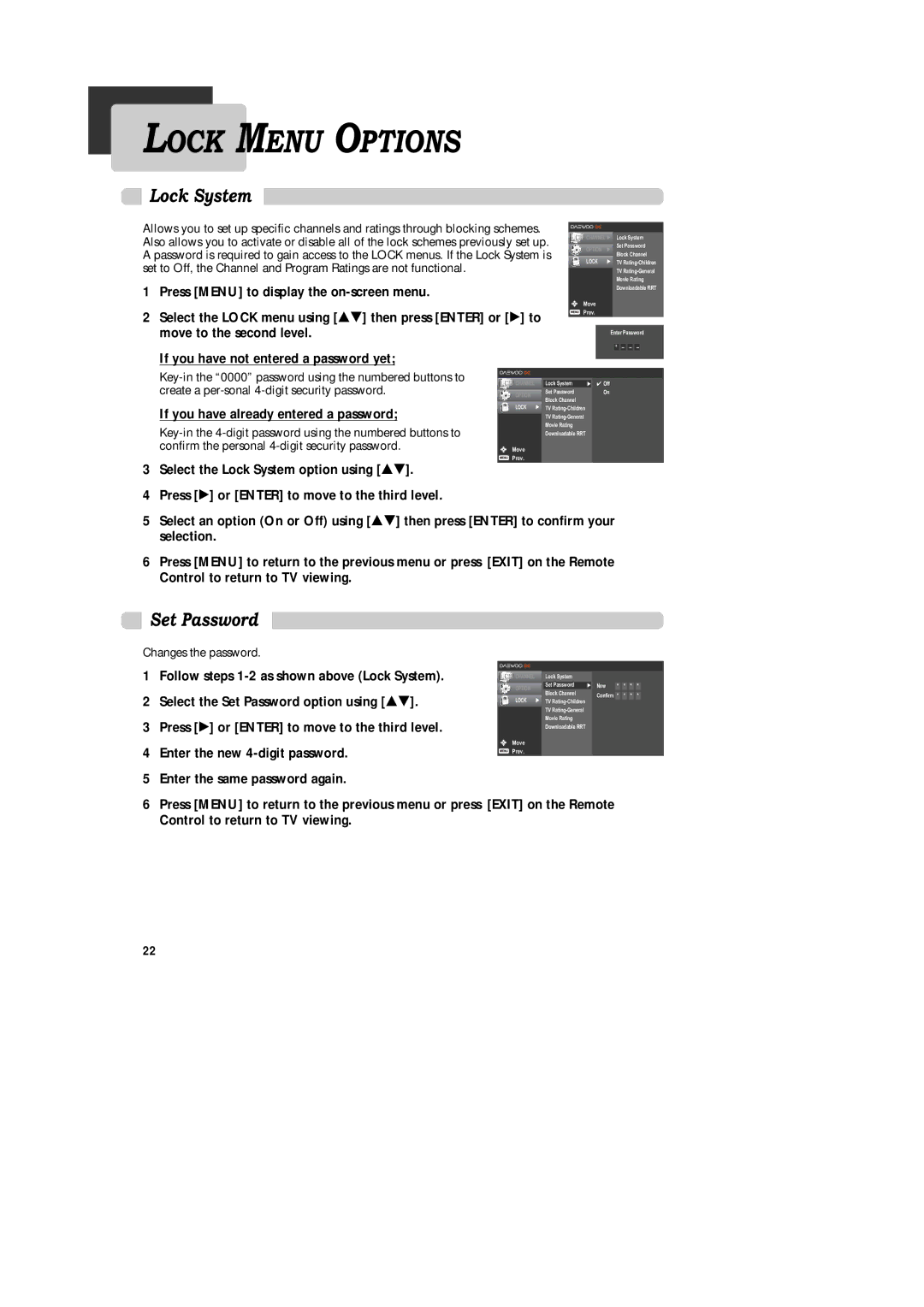 Daewoo DAC-200, DAC-300, DAC-100 owner manual Lock Menu Options, Lock System, Set Password 