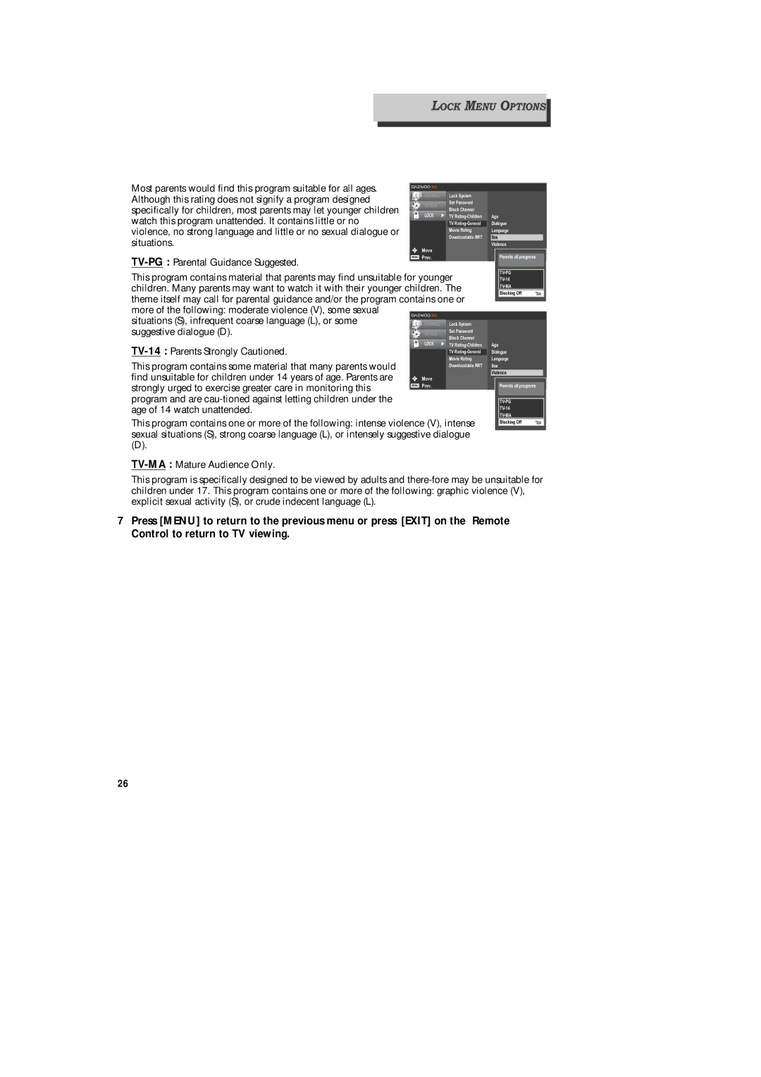 Daewoo DAC-300, DAC-100, DAC-200 owner manual TV-PG Parental Guidance Suggested 