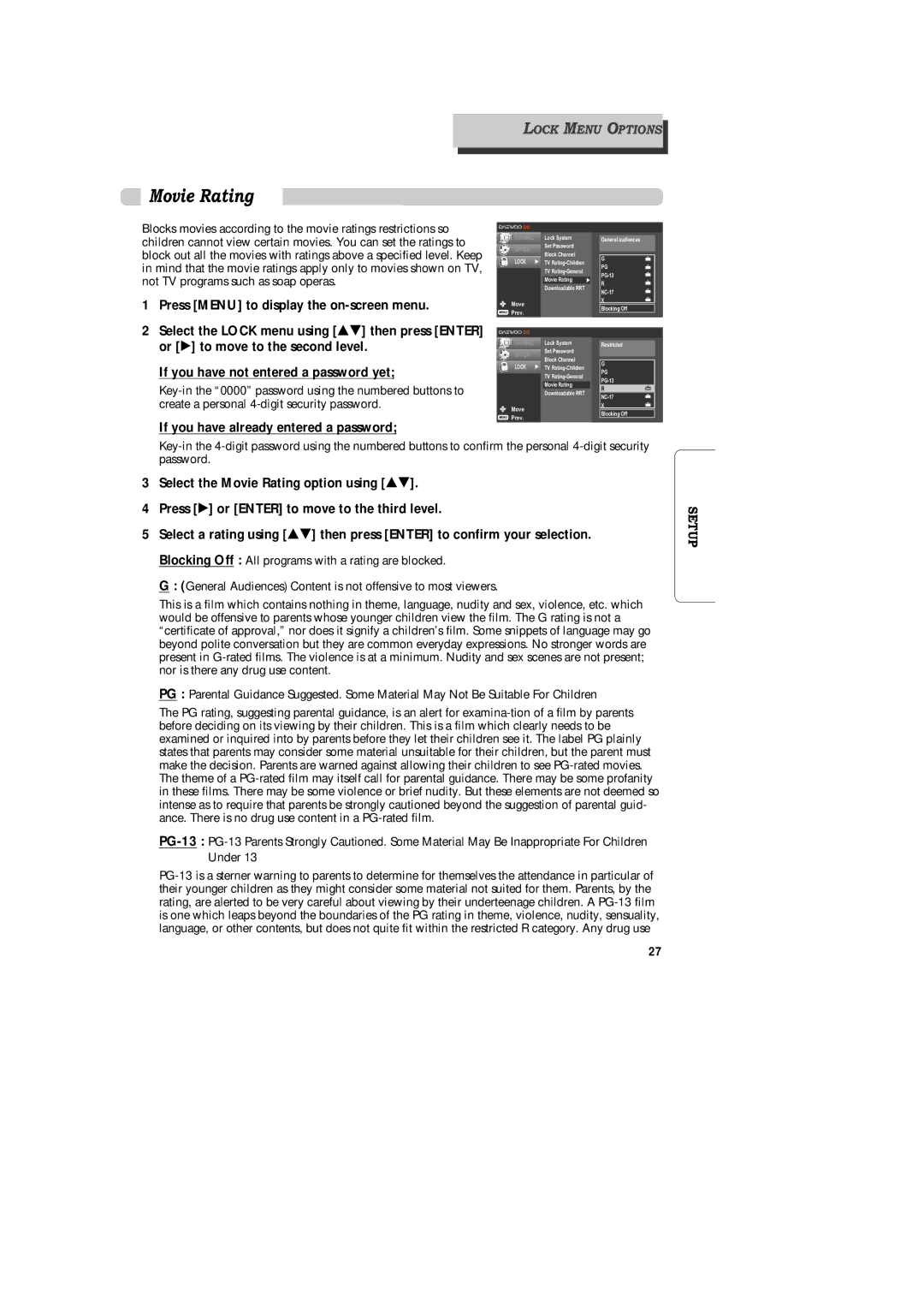 Daewoo DAC-100, DAC-300, DAC-200 owner manual Movie Rating 