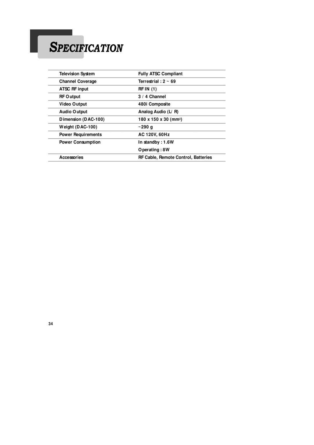 Daewoo DAC-200, DAC-300, DAC-100 owner manual Specification 