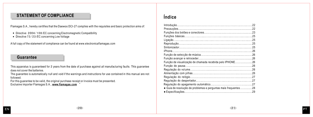 Daewoo DCI-27 user manual Statement of Compliance, Guarantee 