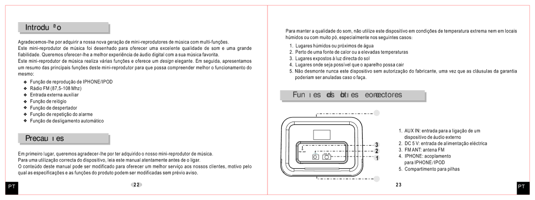 Daewoo DCI-27 user manual Introdução, Precauções, Funções dos botões e conectores 