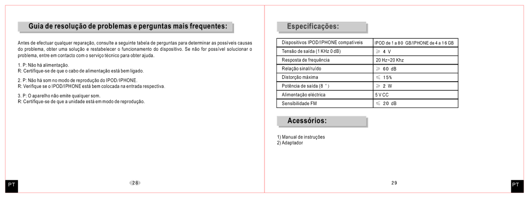 Daewoo DCI-27 user manual Guia de resolução de problemas e perguntas mais frequentes, Especificações, Acessórios 