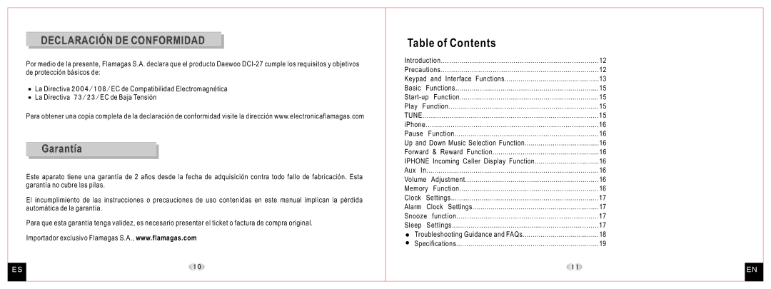 Daewoo DCI-27 user manual Table of Contents 