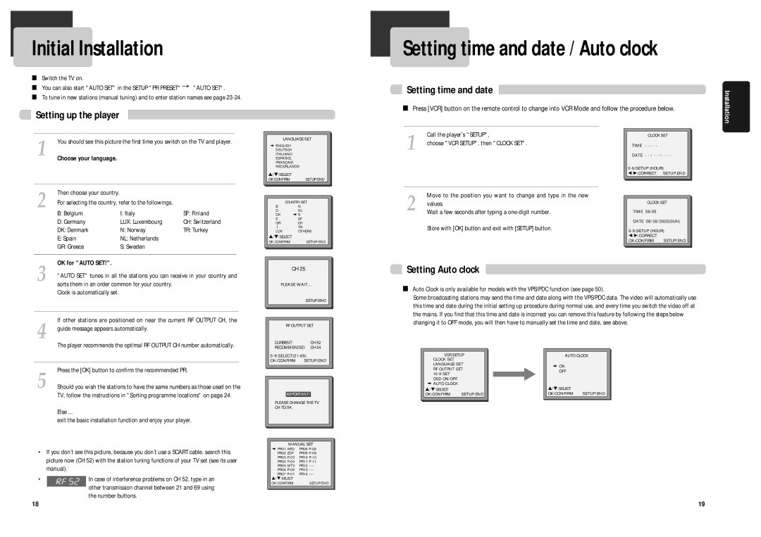 Daewoo DCR-9120 owner manual Setting up the player, Setting time and date, Setting Auto clock, OK for Auto SET 