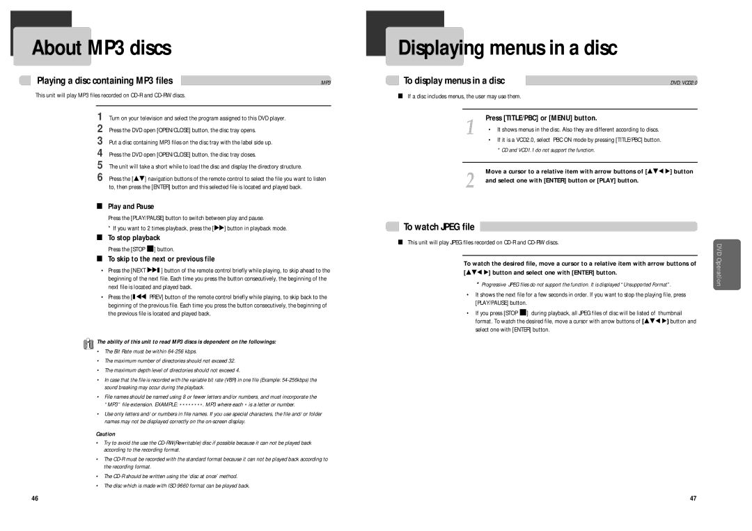 Daewoo DCR-9120 owner manual About MP3 discs, Displaying menus in a disc, To watch Jpeg file 