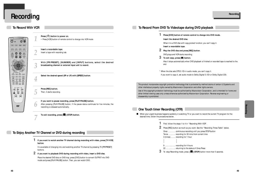 Daewoo DCR-9120 owner manual Recording, To Record With VCR, To Enjoy Another TV Channel or DVD during recording 