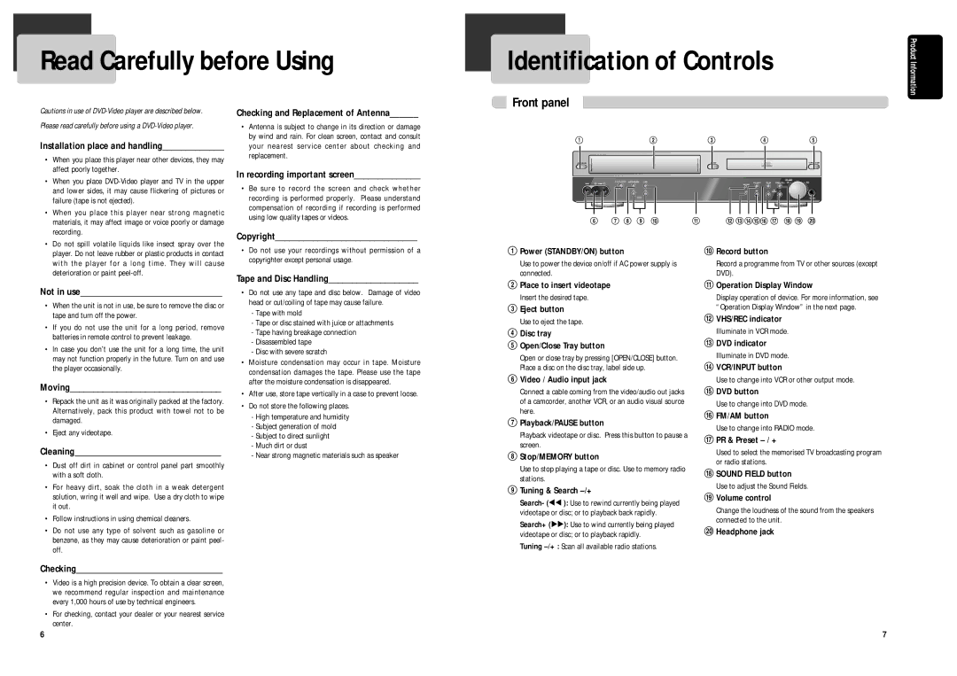 Daewoo DCR-9120 owner manual Read Carefully before Using Identification of Controls, Front panel 