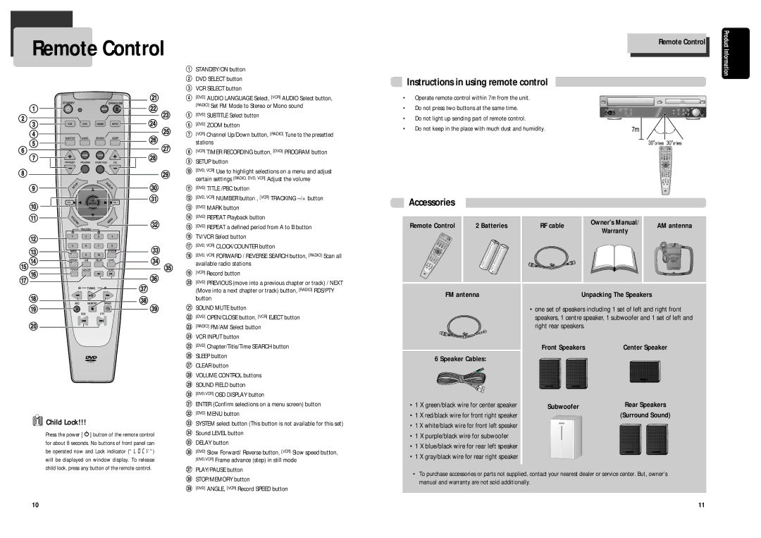 Daewoo DCR-9120 owner manual Instructions in using remote control, Accessories, Child Lock, Remote Control 