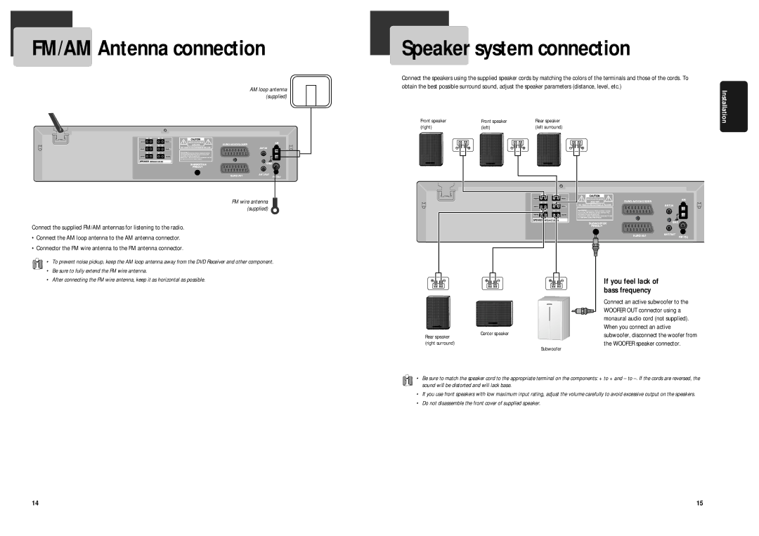 Daewoo DCR-9120 FM/AM Antenna connection, Speaker system connection, Installation, If you feel lack of bass frequency 