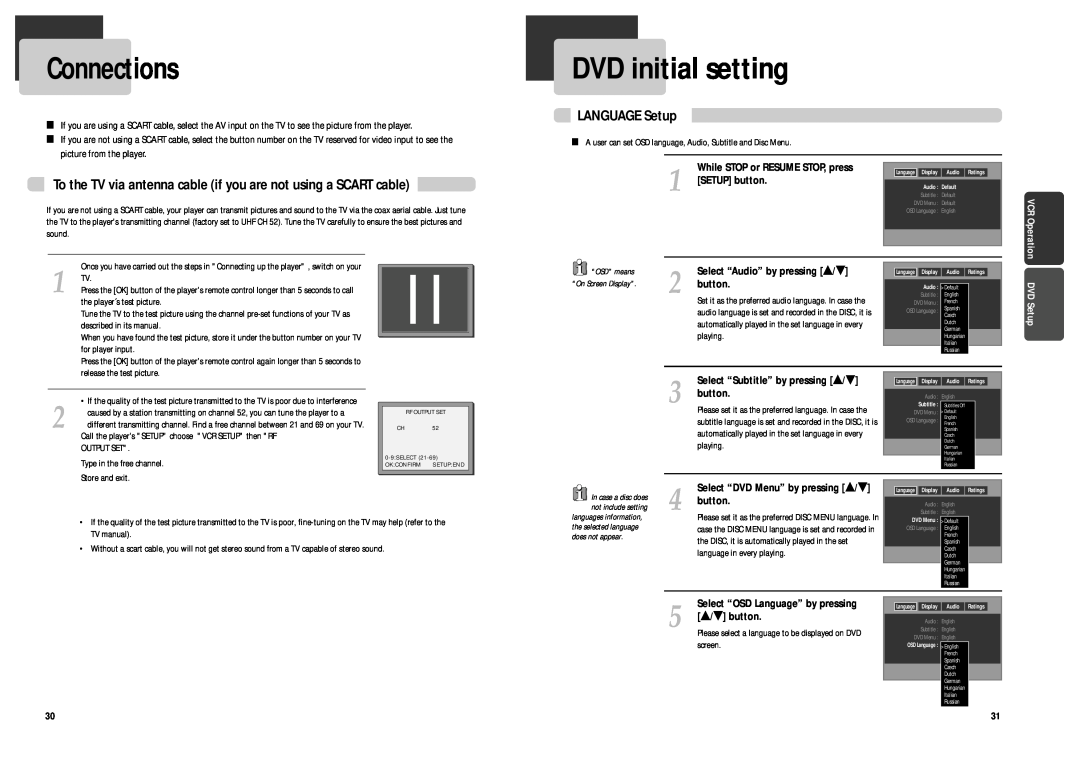 Daewoo DCR-9120 DVD initial setting, Connections, To the TV via antenna cable if you are not using a SCART cable 