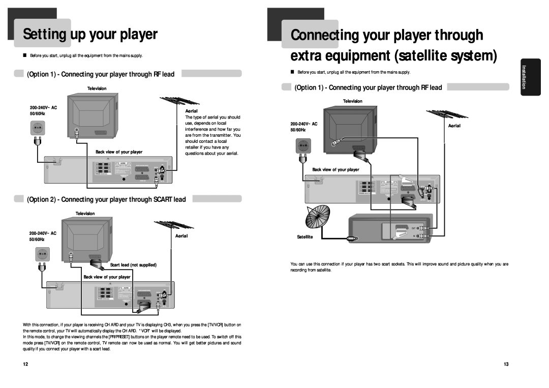 Daewoo DCR-9120 Setting up your player, Connecting your player through extra equipment satellite system, Aerial, Satellite 