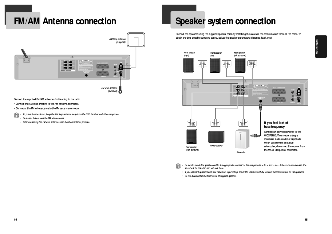 Daewoo DCR-9120 FM/AM Antenna connection, Speaker system connection, Installation, If you feel lack of bass frequency 