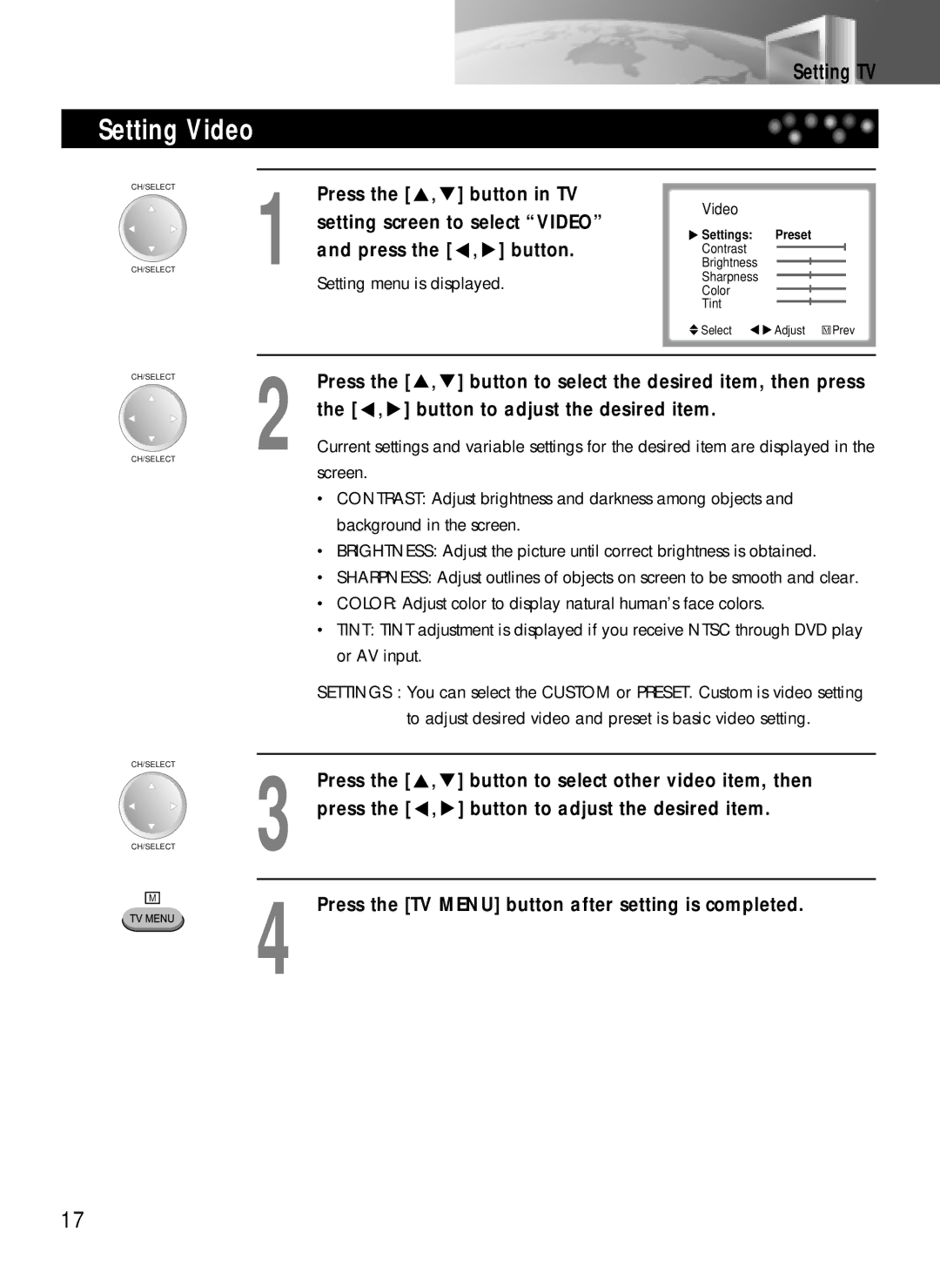 Daewoo DDQ-20L6SC owner manual Setting Video, Setting TV 