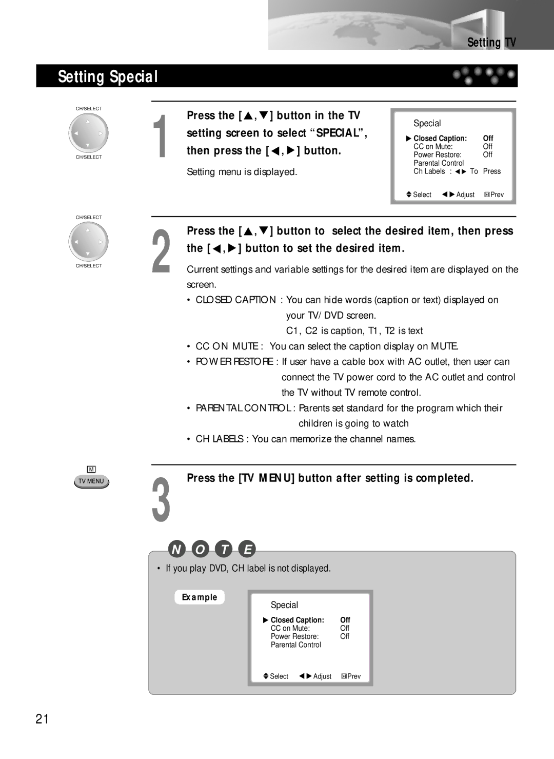 Daewoo DDQ-20L6SC owner manual Setting Special 