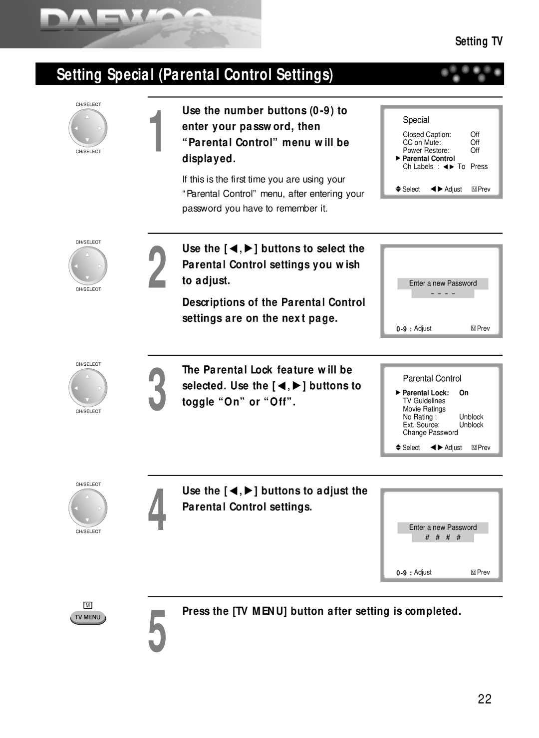 Daewoo DDQ-20L6SC owner manual Setting Special Parental Control Settings 