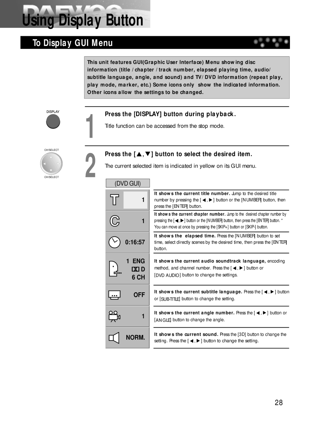 Daewoo DDQ-20L6SC owner manual Using Display Button, To Display GUI Menu, Press the Display button during playback 