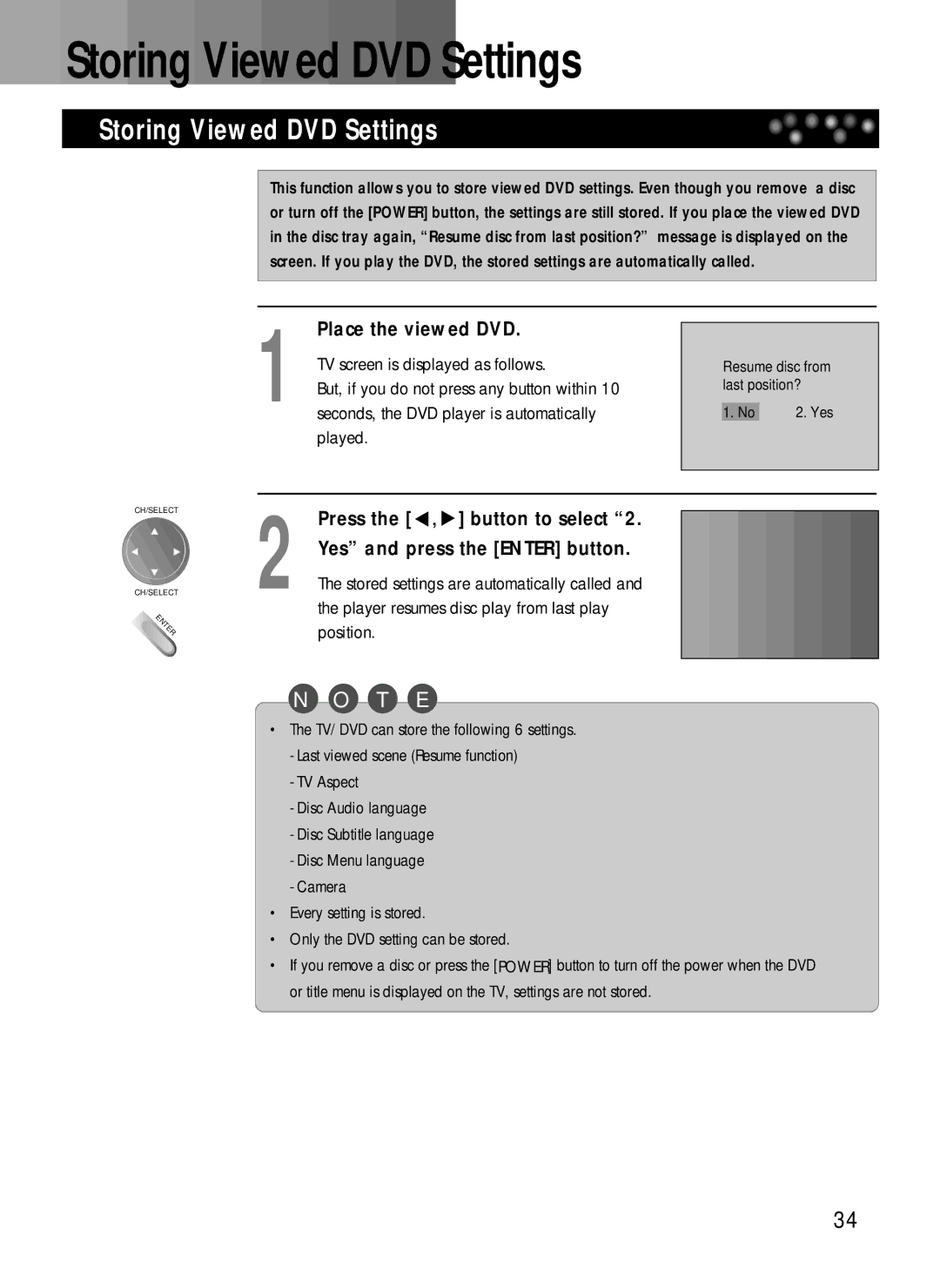 Daewoo DDQ-20L6SC owner manual Storing Viewed DVD Settings 