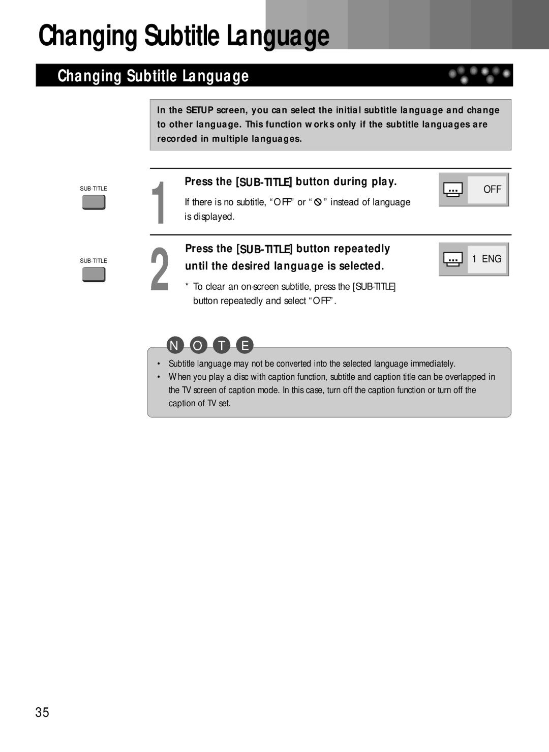 Daewoo DDQ-20L6SC owner manual Changing Subtitle Language, Press the SUB-TITLE button during play 